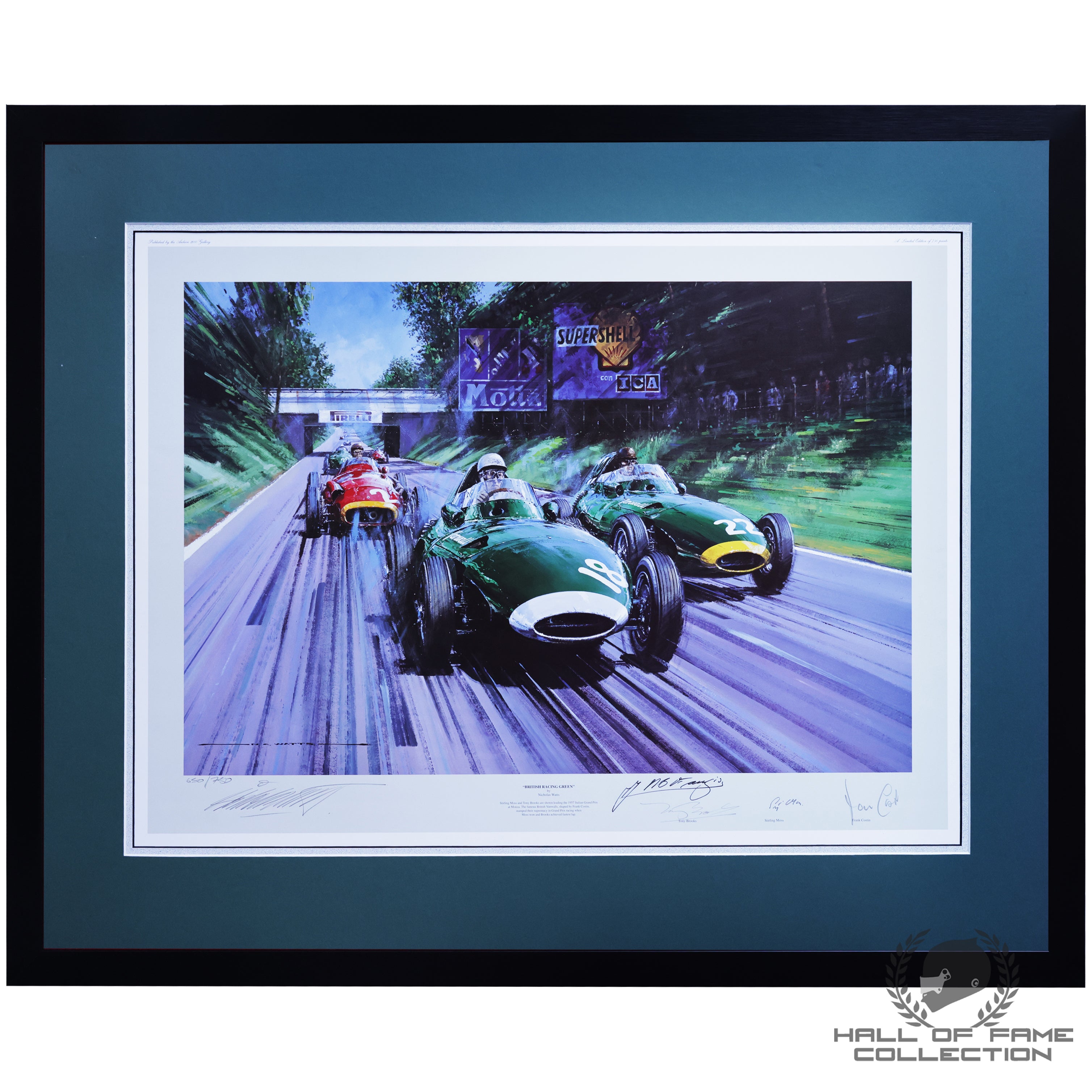British Racing Green Framed F1 Pring Signed by Moss, Brooks, Costin & Fangio
