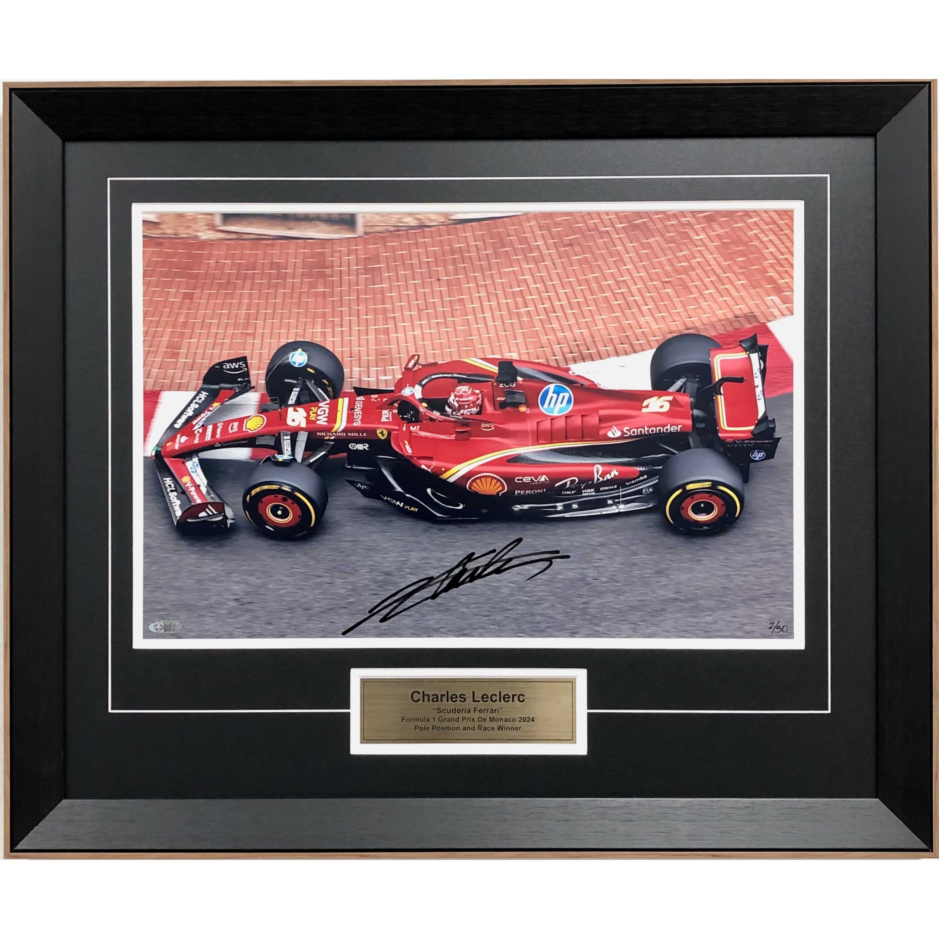 2024 Charles Leclerc Signed Monaco GP Win Scuderia Ferrari F1 Framed Photo