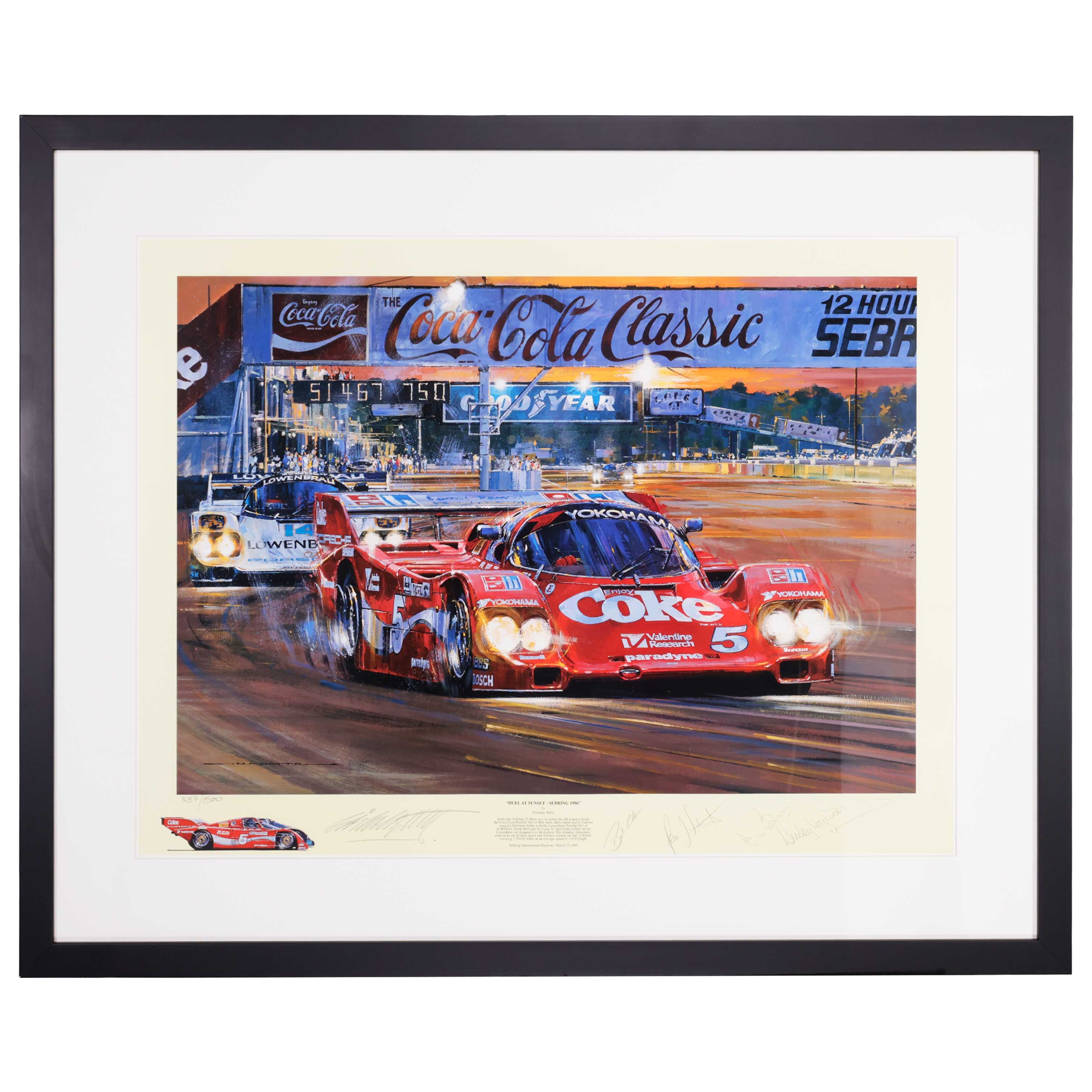 1986 Multi Sigend "Duel at Sunset Sebring" Framed Sports Car Print