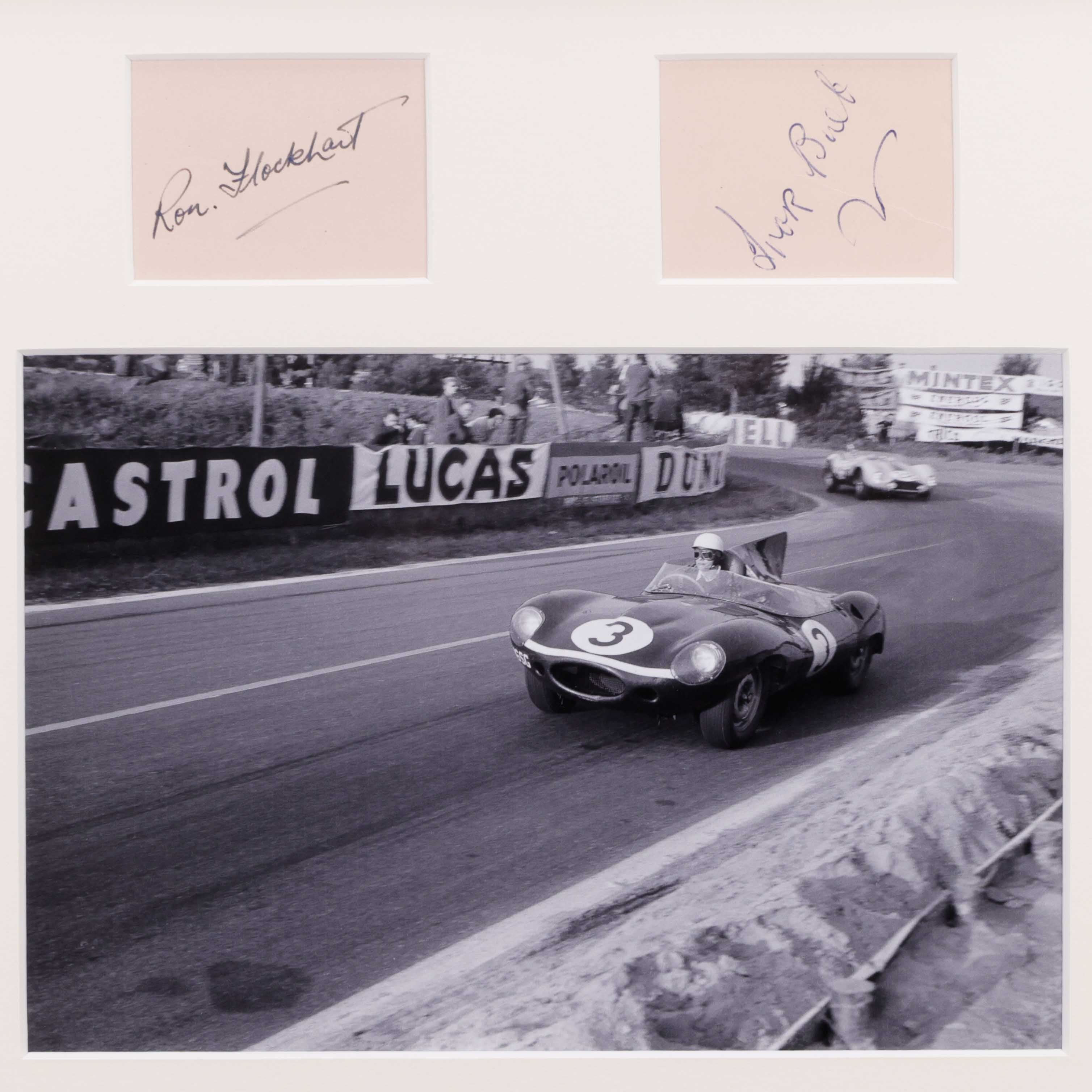 1957 Ron Flockhart & Ivor Bueb Signed Ecurie Ecosse Le Mans Winner Framed Photo