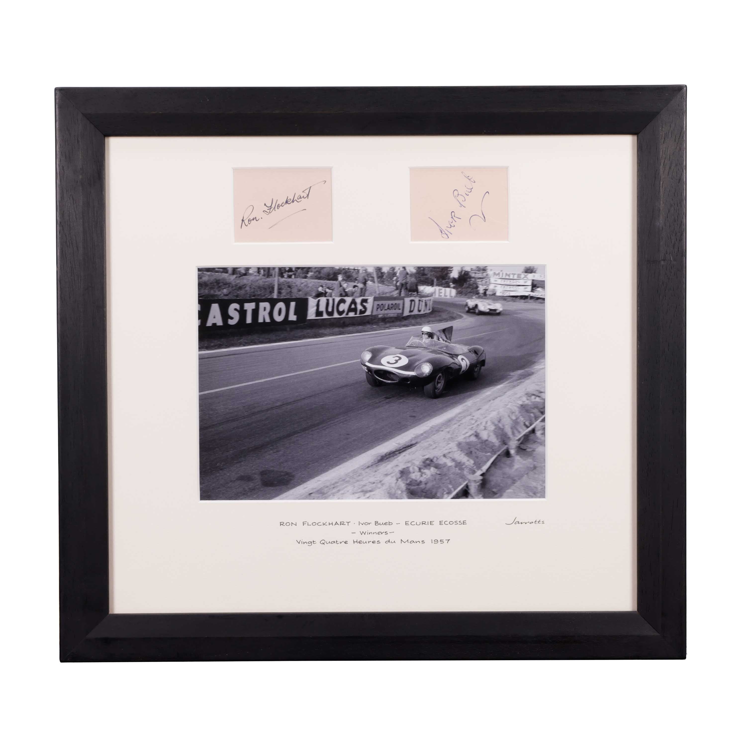 1957 Ron Flockhart & Ivor Bueb Signed Ecurie Ecosse Le Mans Winner Framed Photo