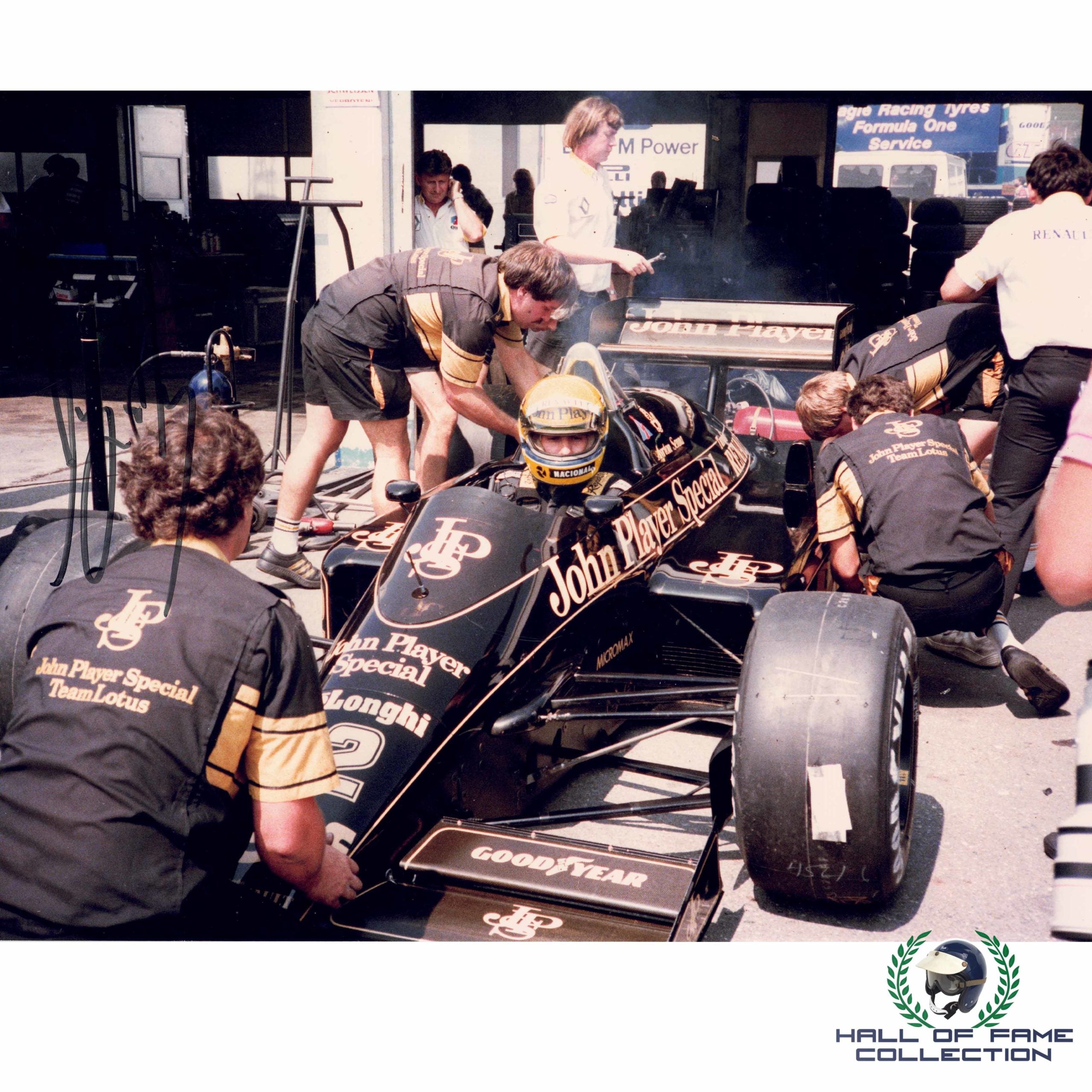 1986 Ayrton Senna Signed John Player Special Team Lotus 8 x 10 F1 Photo